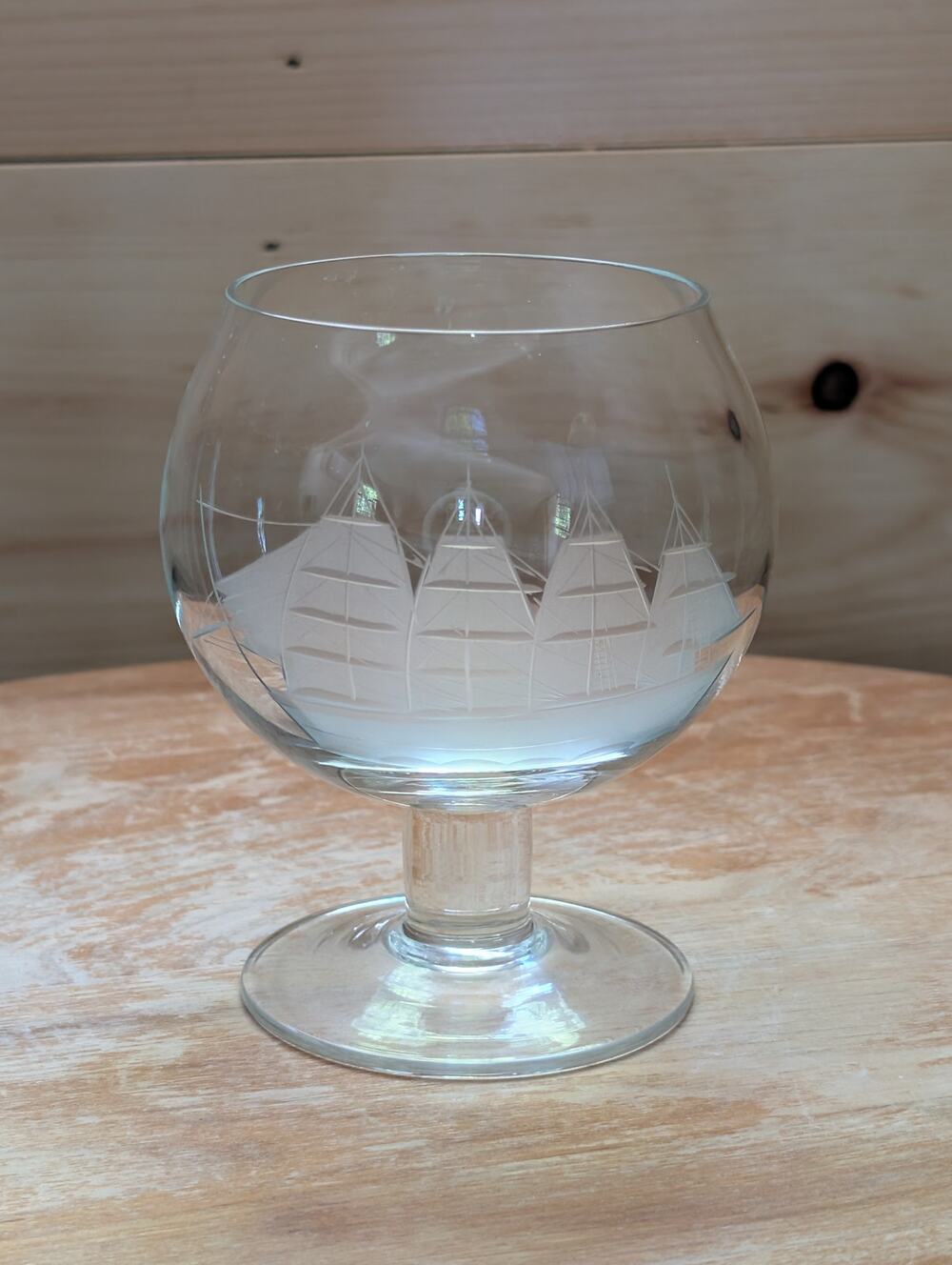 Vintage Clipper Ship Etched Brandy Snifter - Nautical Stemmed Glass 20th Century